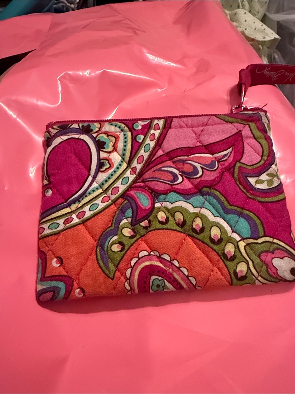 Vera Bradley Pink Paisley Quilted Wristlet with Teal & Orange Accents